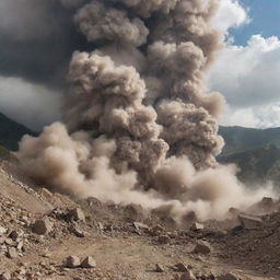 A powerful earthquake shaking the ground and causing a massive mountain landslide, rocks tumbling down destructively, as dust clouds rise up, creating a scene of chaos and nature's powerful forces at work.