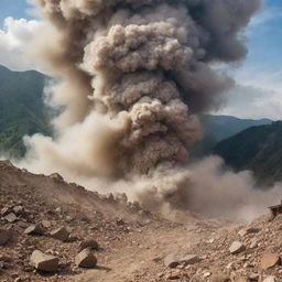 A powerful earthquake shaking the ground and causing a massive mountain landslide, rocks tumbling down destructively, as dust clouds rise up, creating a scene of chaos and nature's powerful forces at work.