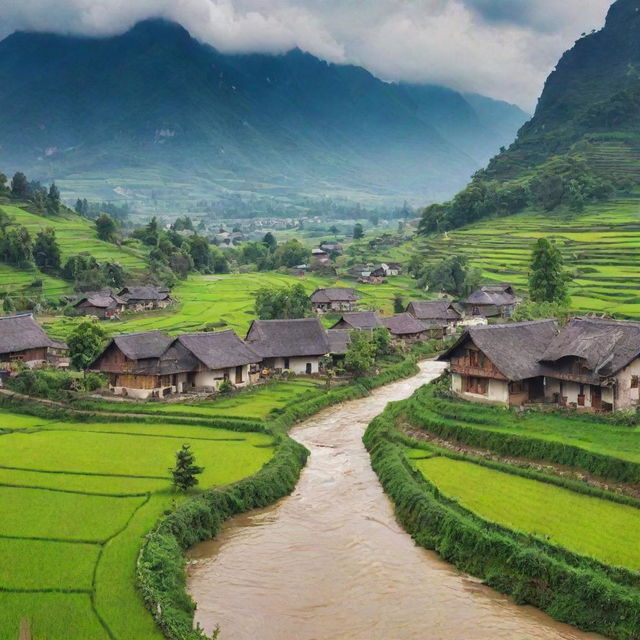 A scenic rural village with traditional houses, surrounded by lush green fields, a rippling river, and a picturesque backdrop of mountains.