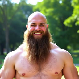 A tall, muscular bald man with an impressive, full beard