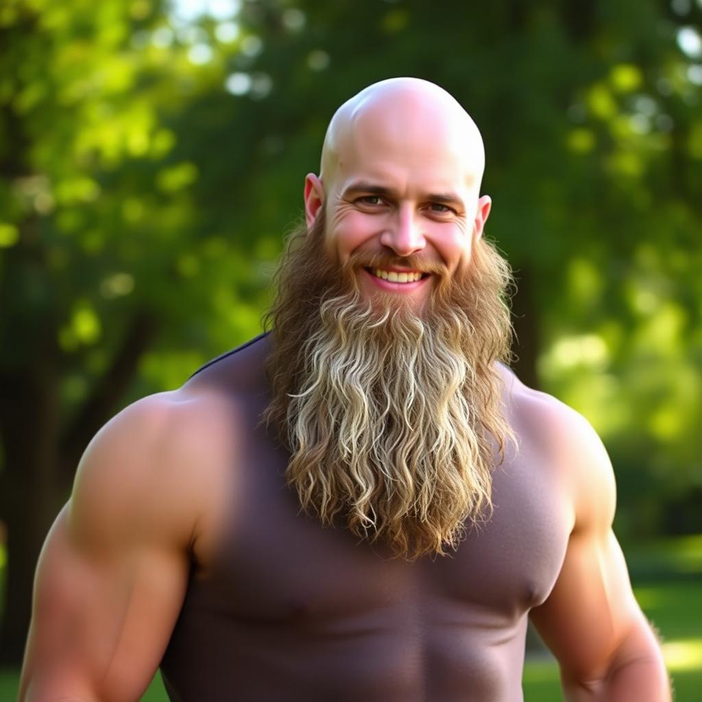 A tall, muscular bald man with an impressive, full beard