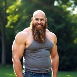 A tall, muscular bald man with an impressive, full beard