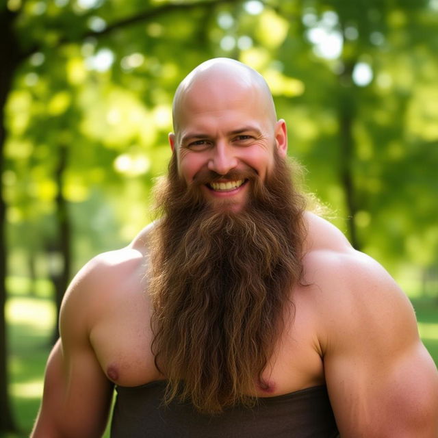 A tall, muscular bald man with an impressive, full beard