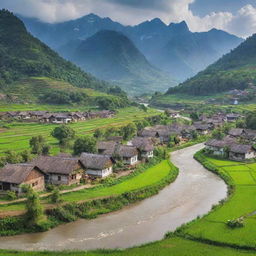 A scenic rural village with traditional houses, surrounded by lush green fields, a rippling river, and a picturesque backdrop of mountains.