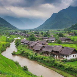 A scenic rural village with traditional houses, surrounded by lush green fields, a rippling river, and a picturesque backdrop of mountains.