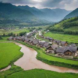 A scenic rural village with traditional houses, surrounded by lush green fields, a rippling river, and a picturesque backdrop of mountains.