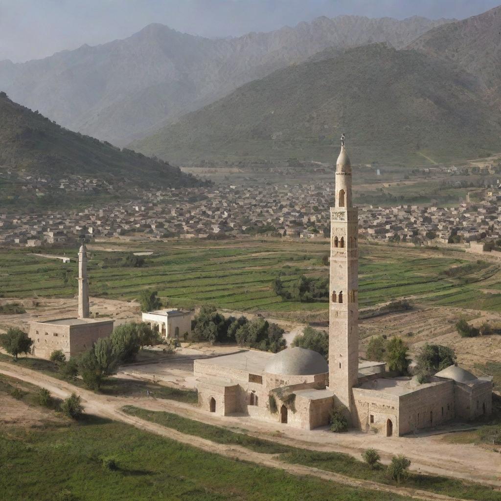 Re-envision the scenic rural village with the notable addition of a traditionally designed mosque, its minaret stretching toward the sky, nested comfortably amidst the houses, fields, and the mountainous backdrop.