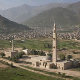 Re-envision the scenic rural village with the notable addition of a traditionally designed mosque, its minaret stretching toward the sky, nested comfortably amidst the houses, fields, and the mountainous backdrop.