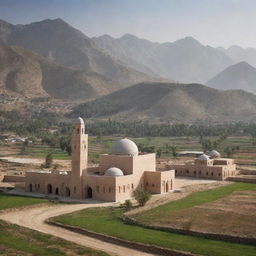 Re-envision the scenic rural village with the notable addition of a traditionally designed mosque, its minaret stretching toward the sky, nested comfortably amidst the houses, fields, and the mountainous backdrop.