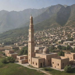 Re-envision the scenic rural village with the notable addition of a traditionally designed mosque, its minaret stretching toward the sky, nested comfortably amidst the houses, fields, and the mountainous backdrop.