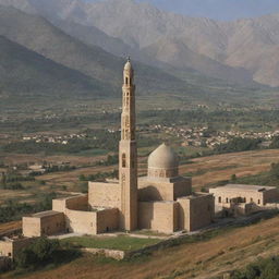 Re-envision the scenic rural village with the notable addition of a traditionally designed mosque, its minaret stretching toward the sky, nested comfortably amidst the houses, fields, and the mountainous backdrop.