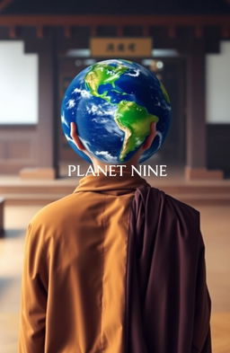 A serene back view of a monk in traditional robes, standing in a tranquil environment