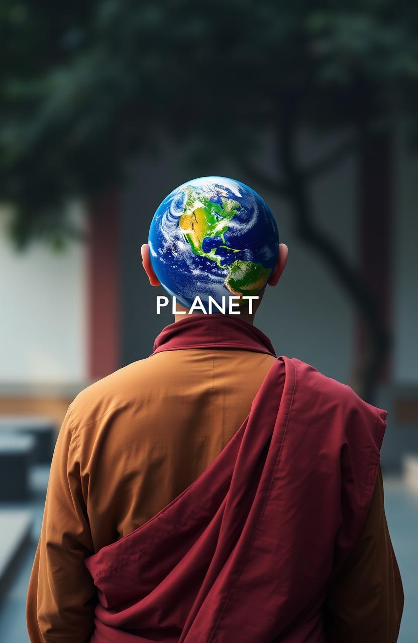 A serene back view of a monk in traditional robes, standing in a tranquil environment