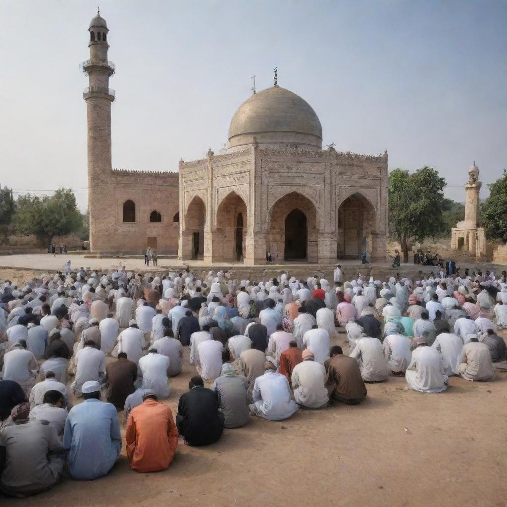 Visualize the rural village scene including the mosque, now filled with people in a peaceful state of prayer. The sense of community is palpable, as the village residents come together in a shared act of faith.