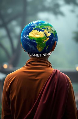 A serene back view of a monk in traditional robes, standing in a tranquil environment