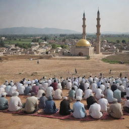 Visualize the rural village scene including the mosque, now filled with people in a peaceful state of prayer. The sense of community is palpable, as the village residents come together in a shared act of faith.