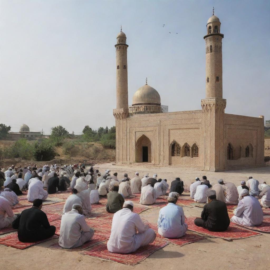 Visualize the rural village scene including the mosque, now filled with people in a peaceful state of prayer. The sense of community is palpable, as the village residents come together in a shared act of faith.