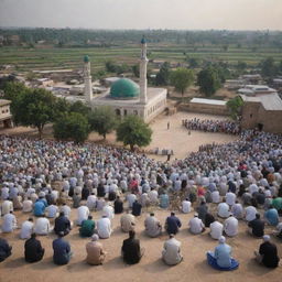 Visualize the rural village scene including the mosque, now filled with people in a peaceful state of prayer. The sense of community is palpable, as the village residents come together in a shared act of faith.