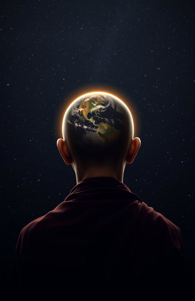 A back view mugshot of a monk with a shaved head, centered in the head area is a glowing planet resembling Earth surrounded by its halo