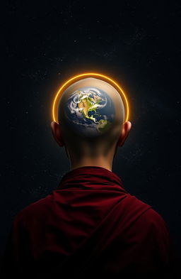 A back view mugshot of a monk with a shaved head, centered in the head area is a glowing planet resembling Earth surrounded by its halo