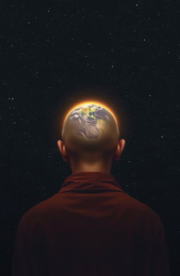 A back view mugshot of a monk with a shaved head, centered in the head area is a glowing planet resembling Earth surrounded by its halo