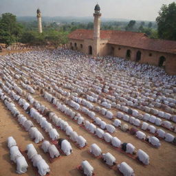 Modify the rural village scene to depict the mosque interior crowded with devout villagers in prayer. The atmosphere is solemn and peaceful, with rows of individuals united in faith.