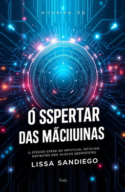 A stunning, professional and elegant book cover design for an informative book on artificial intelligence titled 'O Despertar das Máquinas' by author Lissa Sandiego