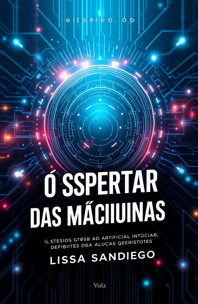 A stunning, professional and elegant book cover design for an informative book on artificial intelligence titled 'O Despertar das Máquinas' by author Lissa Sandiego