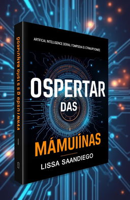 A stunning, professional and elegant book cover design for an informative book on artificial intelligence titled 'O Despertar das Máquinas' by author Lissa Sandiego