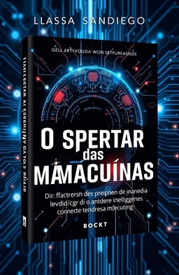 A stunning, professional and elegant book cover design for an informative book on artificial intelligence titled 'O Despertar das Máquinas' by author Lissa Sandiego