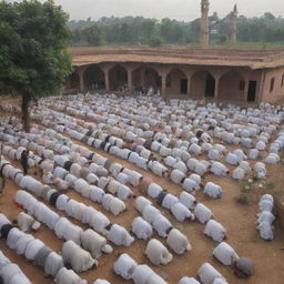 Modify the rural village scene to depict the mosque interior crowded with devout villagers in prayer. The atmosphere is solemn and peaceful, with rows of individuals united in faith.