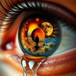 A hyper-realistic close-up of an amber eye, detailed with intricate textures and color variations