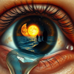 A hyper-realistic close-up of an amber eye, detailed with intricate textures and color variations