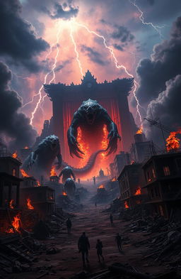A dramatic scene depicting a world ravaged by a monster invasion