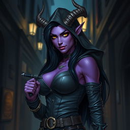 A sexy female tiefling rogue, with vibrant purple skin, sharp, elegant horns, and long, flowing black hair