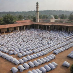 Modify the rural village scene to depict the mosque interior crowded with devout villagers in prayer. The atmosphere is solemn and peaceful, with rows of individuals united in faith.