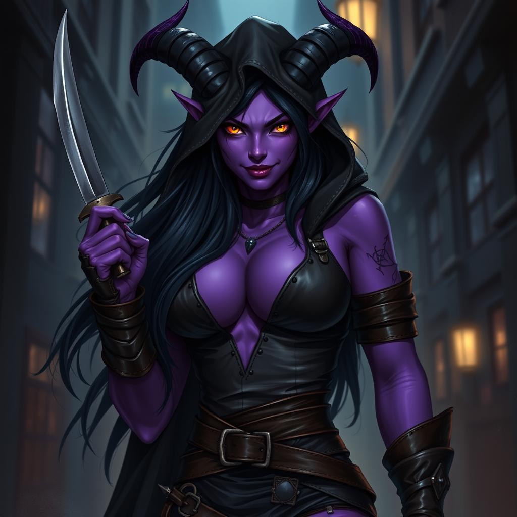 A sexy female tiefling rogue, with vibrant purple skin, sharp, elegant horns, and long, flowing black hair