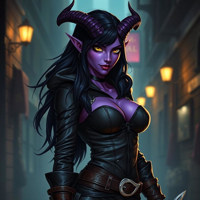 A sexy female tiefling rogue, with vibrant purple skin, sharp, elegant horns, and long, flowing black hair