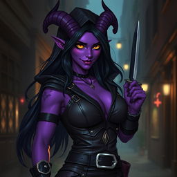 A sexy female tiefling rogue, with vibrant purple skin, sharp, elegant horns, and long, flowing black hair