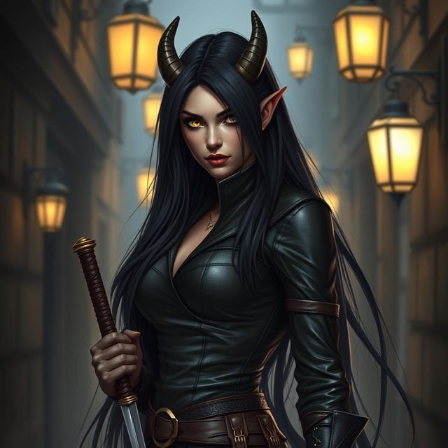 A stunning female tiefling rogue with long black hair that cascades down her back