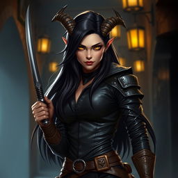 A stunning female tiefling rogue with long black hair that cascades down her back