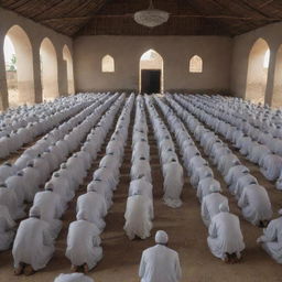 Modify the rural village scene to depict the mosque interior crowded with devout villagers in prayer. The atmosphere is solemn and peaceful, with rows of individuals united in faith.