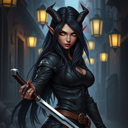 A stunning female tiefling rogue with long black hair that cascades down her back