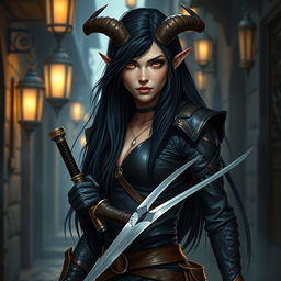 A stunning female tiefling rogue with long black hair that cascades down her back