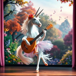 A whimsical scene featuring a majestic unicorn performing as a ballerina