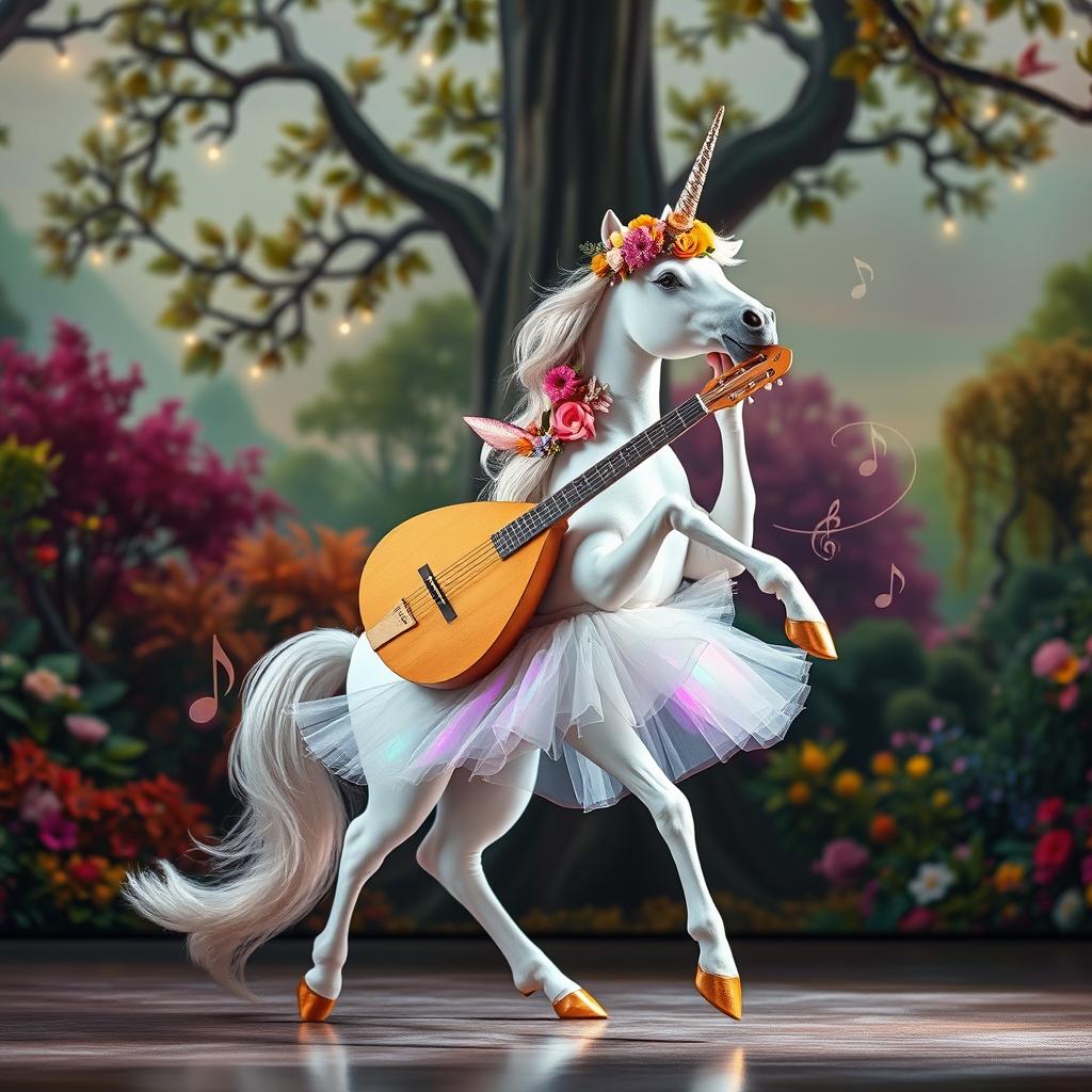 A whimsical scene featuring a majestic unicorn performing as a ballerina