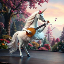 A whimsical scene featuring a majestic unicorn performing as a ballerina