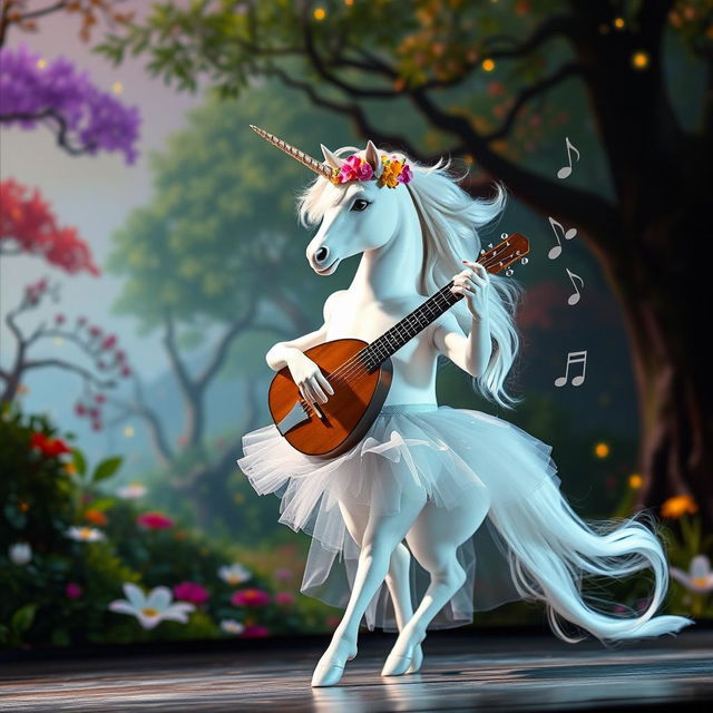 A whimsical scene featuring a majestic unicorn performing as a ballerina