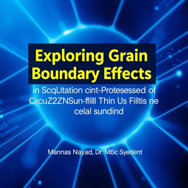 A visually captivating e-book front page featuring the title in bold, modern typography: 'Exploring Grain Boundary Effects in Solution-Processed Cu2ZnSnS4 (CZTS) Thin Film for Solar Cells Application'