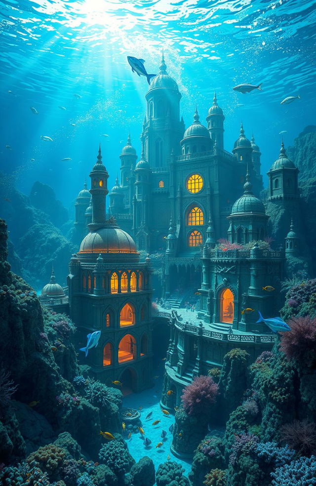 A stunning underwater city resembling Atlantis, filled with intricate architecture made of coral and stone, vibrant marine life swimming amongst the structures, illuminating lights from within the buildings casting a mystical glow